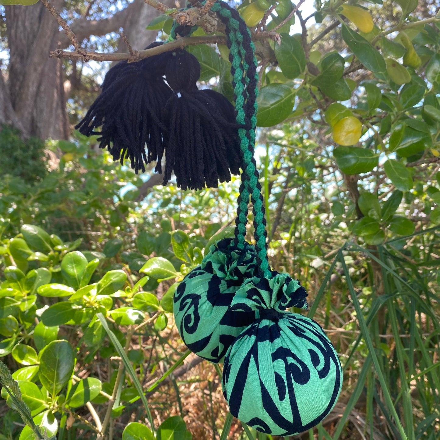 NZ Māori Poi Green Koru Rakau with Black & Green Braided Cord