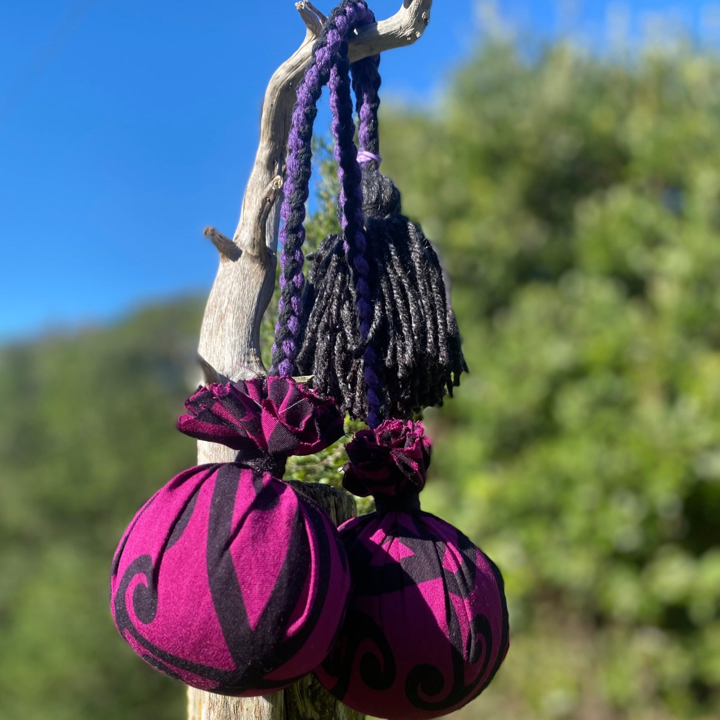 Māori Poi Purple Koru Rakau with purple & black Braided Cord