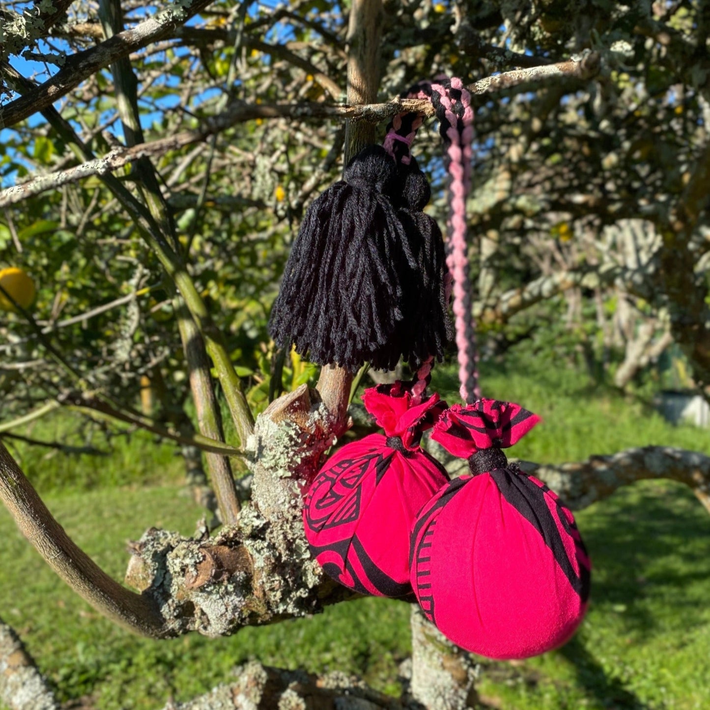 Poi Māori Pink Manawa Koru with pink & black Braided Cord