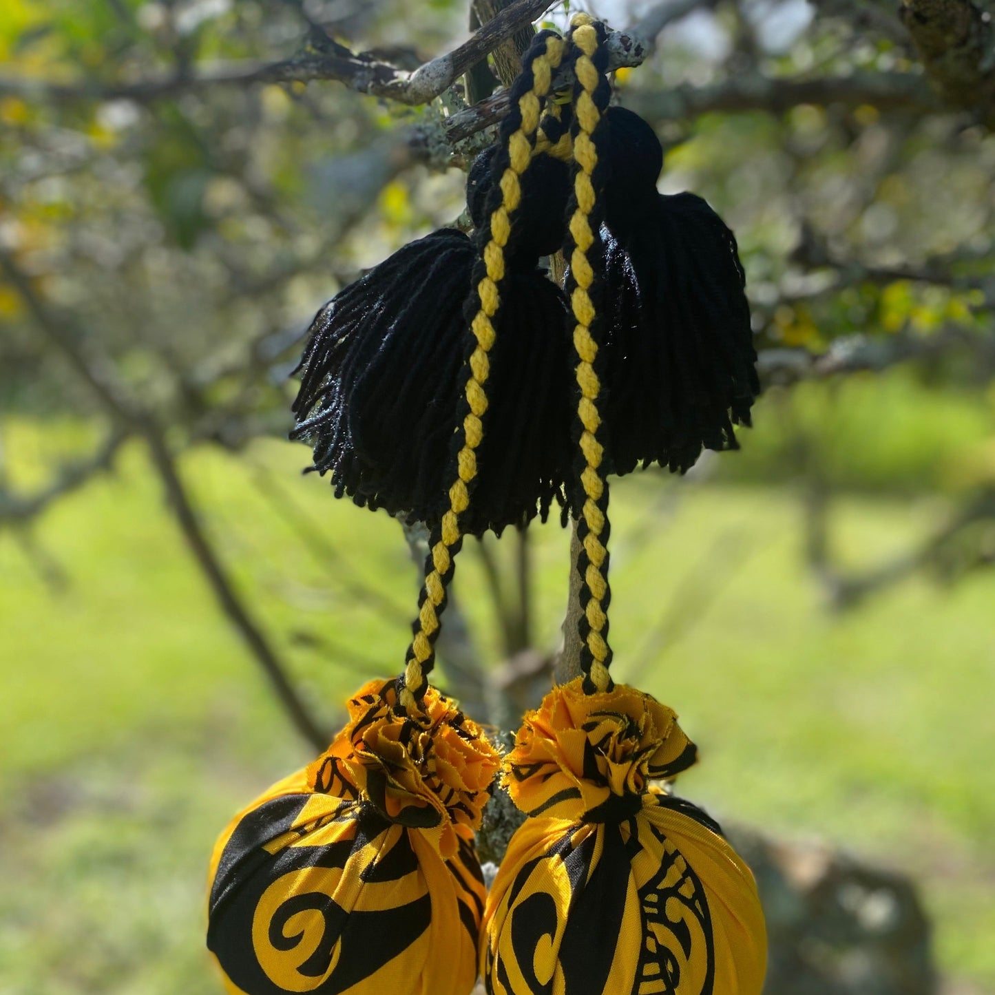 NZ Māori Poi Yellow Manawa Koru with Black& Yellow Braided Cord