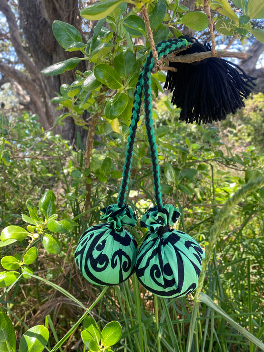NZ Māori Poi Green Koru Rakau with Black & Green Braided Cord