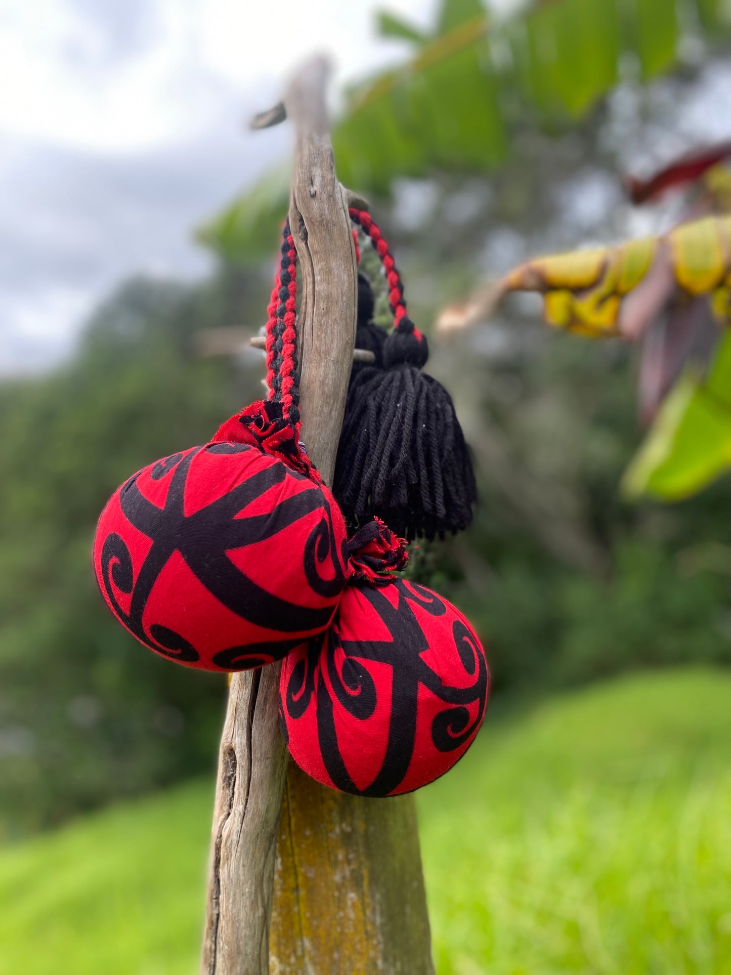 NZ Māori Poi Red Koru Rakau with Red & Black Braided Cord