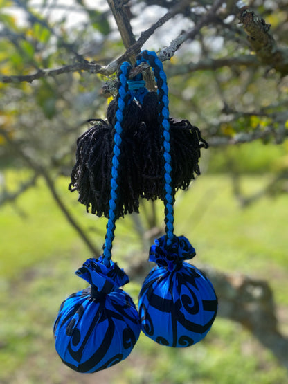 Māori Poi Blue Koru Rakau with Blue & Black Braided Cord