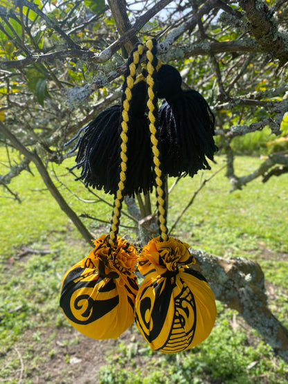 NZ Māori Poi Yellow Manawa Koru with Black& Yellow Braided Cord