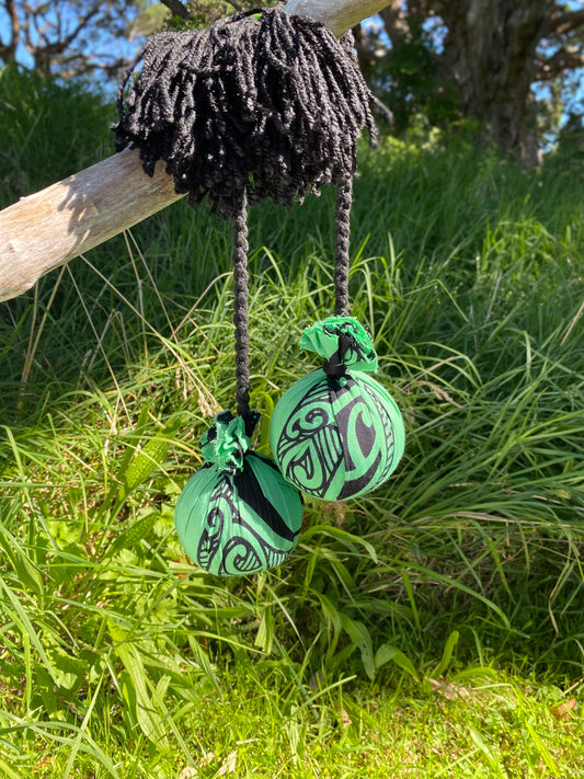 NZ Māori Poi Green Manawa Koru with Black Braided Cord